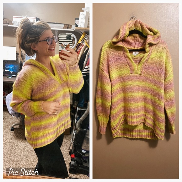 Lou & Grey Tops - Lou & Grey SuperSoft Oversized V Neck Baja Striped Wool Blend Hoodie